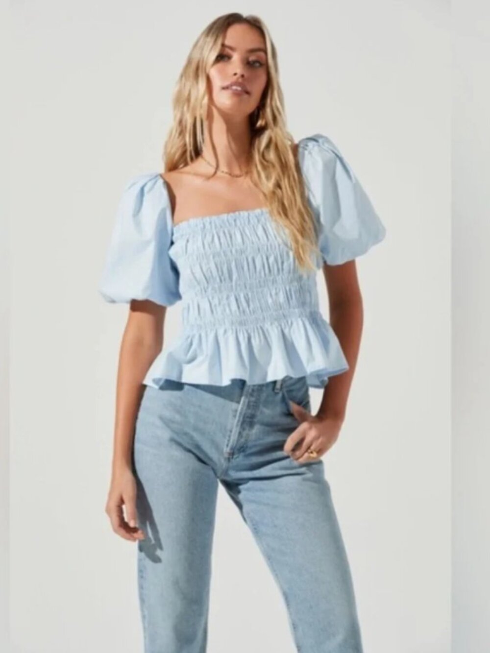 ASTR Puff Sleeve Smocked Top Women XS Light Blue Cotton Cinderella Blouse